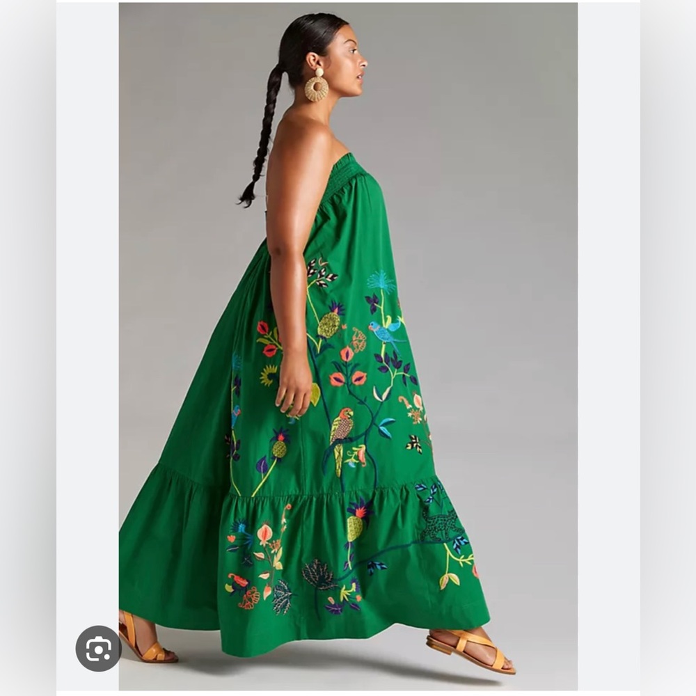 Anthropology embroidered strapless green maxi dress  xl